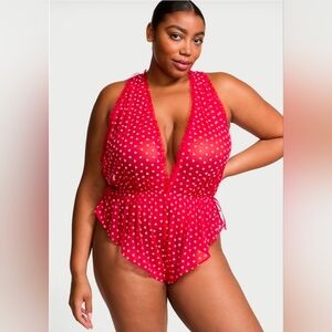 Vermillion Red Tease Mini Hearts Flocked Mesh Playsuit